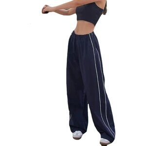 Womens Baggy Y2K Parachute Navy Pants High Waisted Lightweight Streetwear